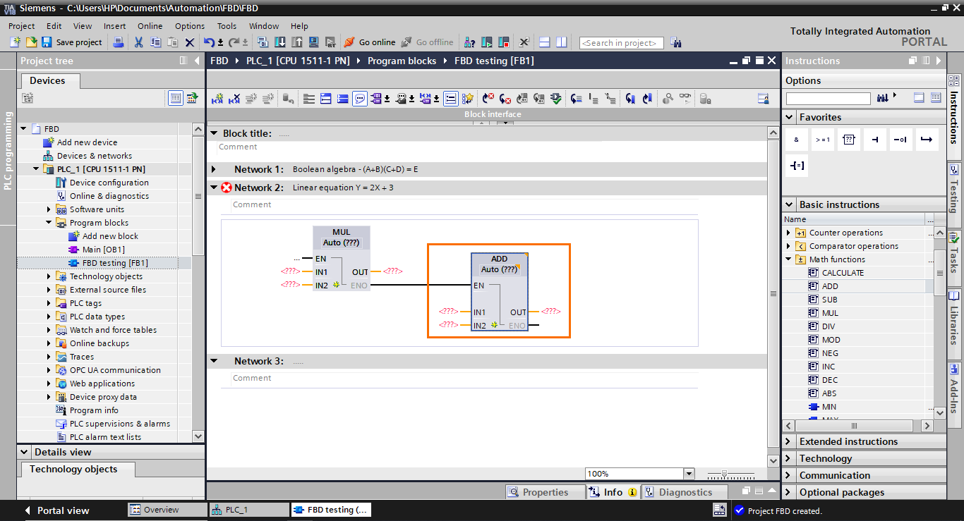 Figure 3.7 - TIA Portal Function Block Diagram (FBD) PLC Programming | The addition block is added