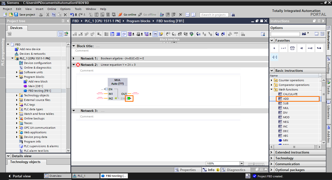 Figure 3.6 - TIA Portal Function Block Diagram (FBD) PLC Programming | Adding an addition block