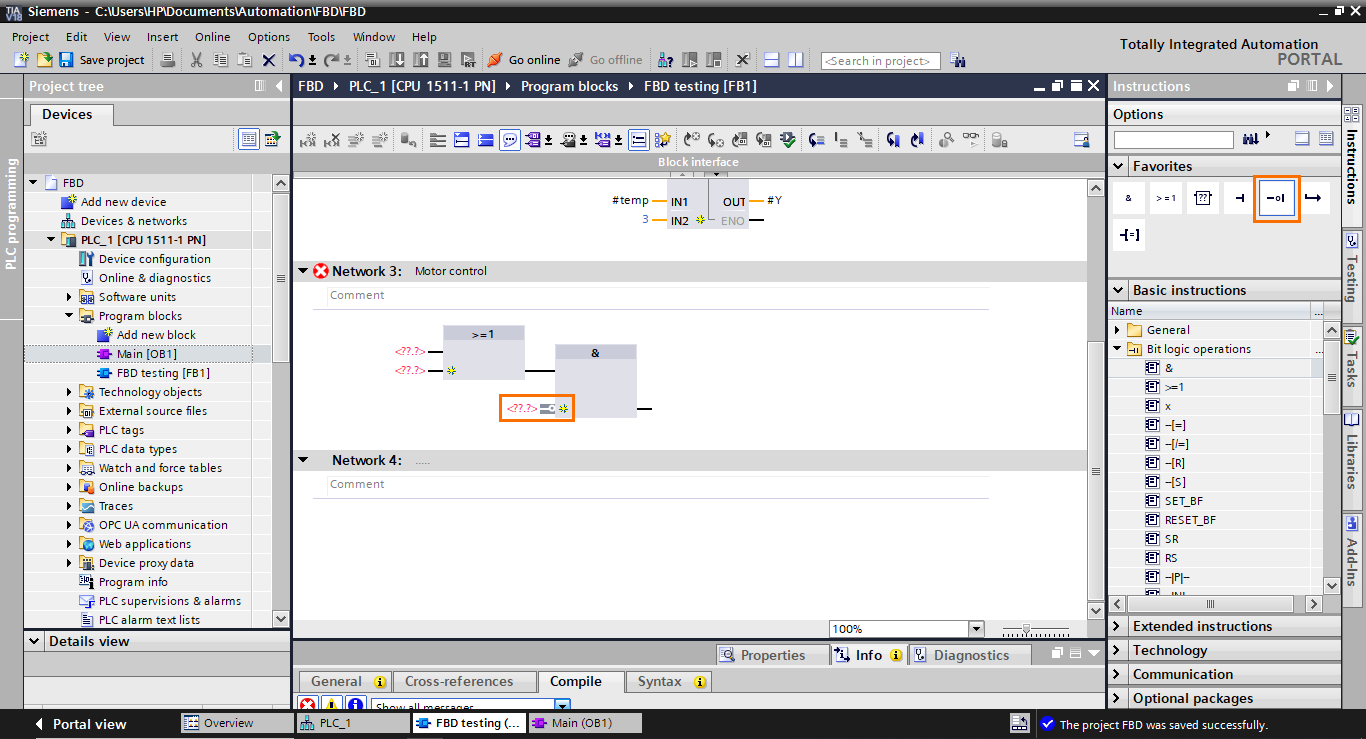 Figure 4.5 - TIA Portal Function Block Diagram (FBD) PLC Programming | Adding an inverted input