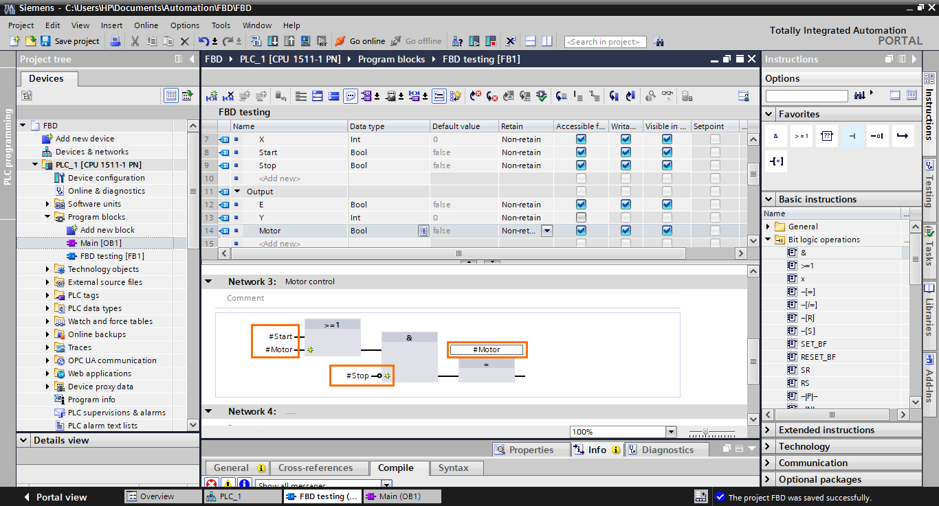 Figure 4.8 - TIA Portal Function Block Diagram (FBD) PLC Programming | Adding the I/Os to the program