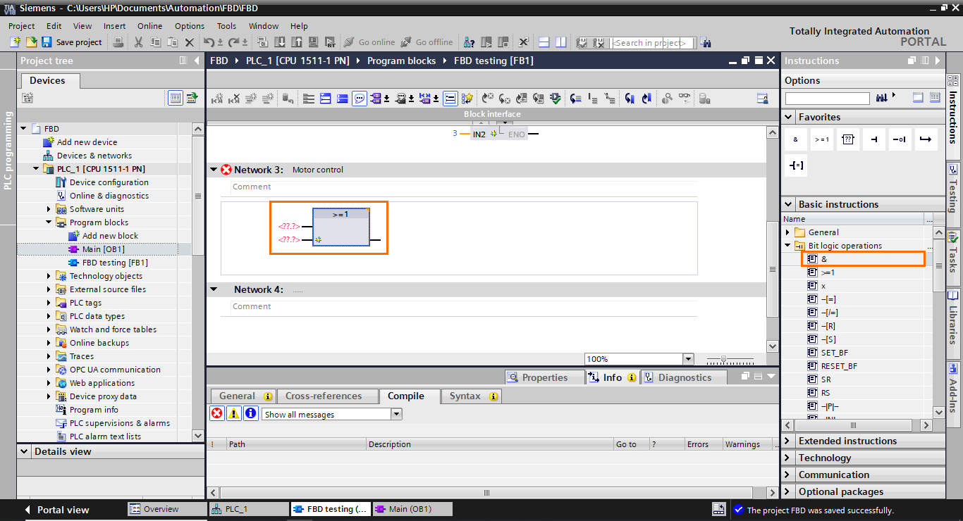 Figure 4.3 - TIA Portal Function Block Diagram (FBD) PLC Programming | Adding an OR block