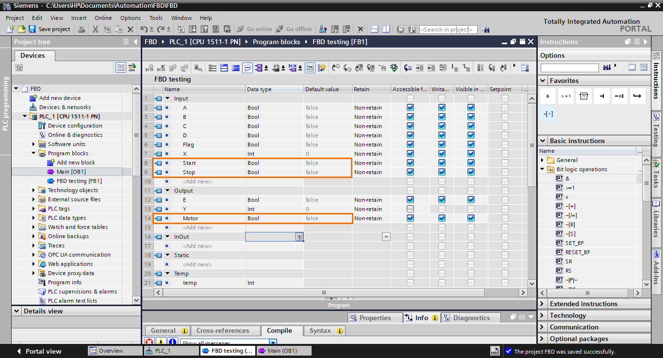 Figure 4.7 - TIA Portal Function Block Diagram (FBD) PLC Programming | Creating the interface I/Os