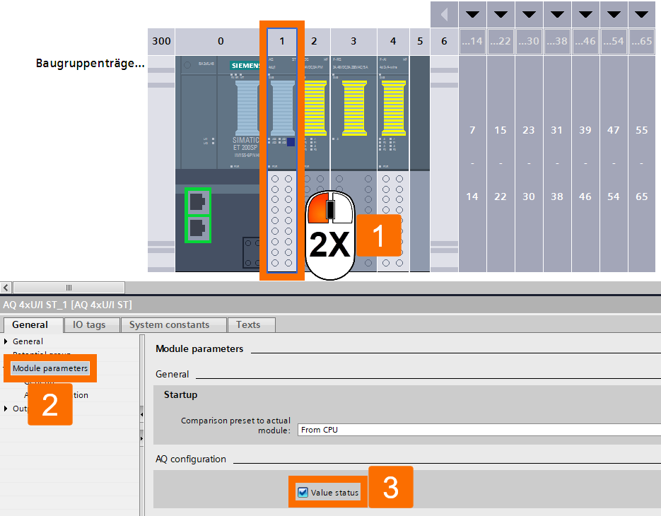 Figure 5.1 - Analog Fail-Safe Systems - Siemens TIA Portal | Overall setup of the AQ card - Value status