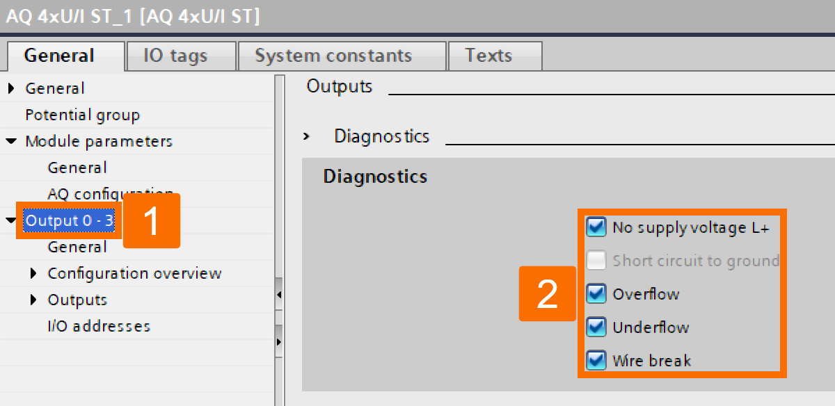 Figure 5.2 - Analog Fail-Safe Systems - Siemens TIA Portal | Overall setup of the AQ card - Diagnostics