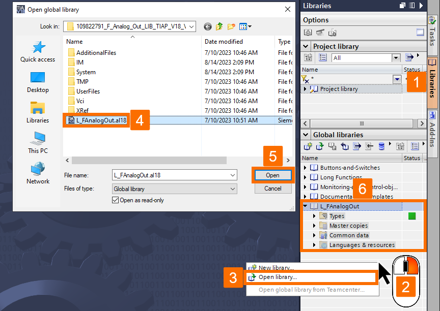 Figure 7.1 - Analog Fail-Safe Systems - Siemens TIA Portal | Importing the L_FAnalogOut library into the TIA Portal software