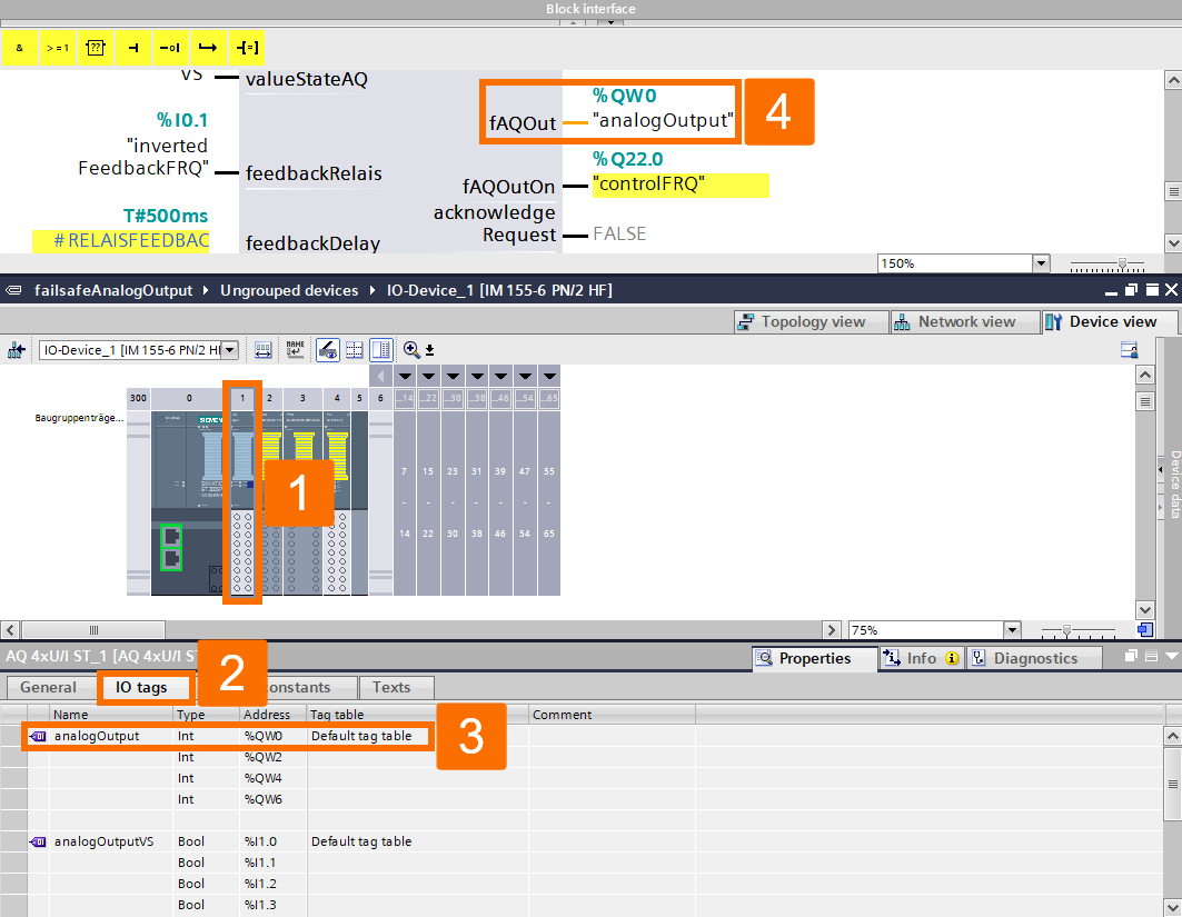 Figure 7.12 - Analog Fail-Safe Systems - Siemens TIA Portal | Assigning fAQOut output of the FAnalogOut block 