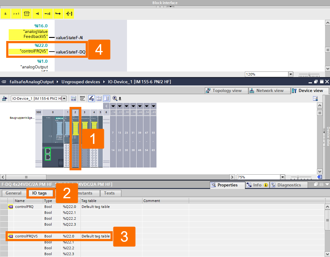 Figure 7.8 - Analog Fail-Safe Systems - Siemens TIA Portal | Assigning valueStateF-DQ input of the FAnalogOut block 