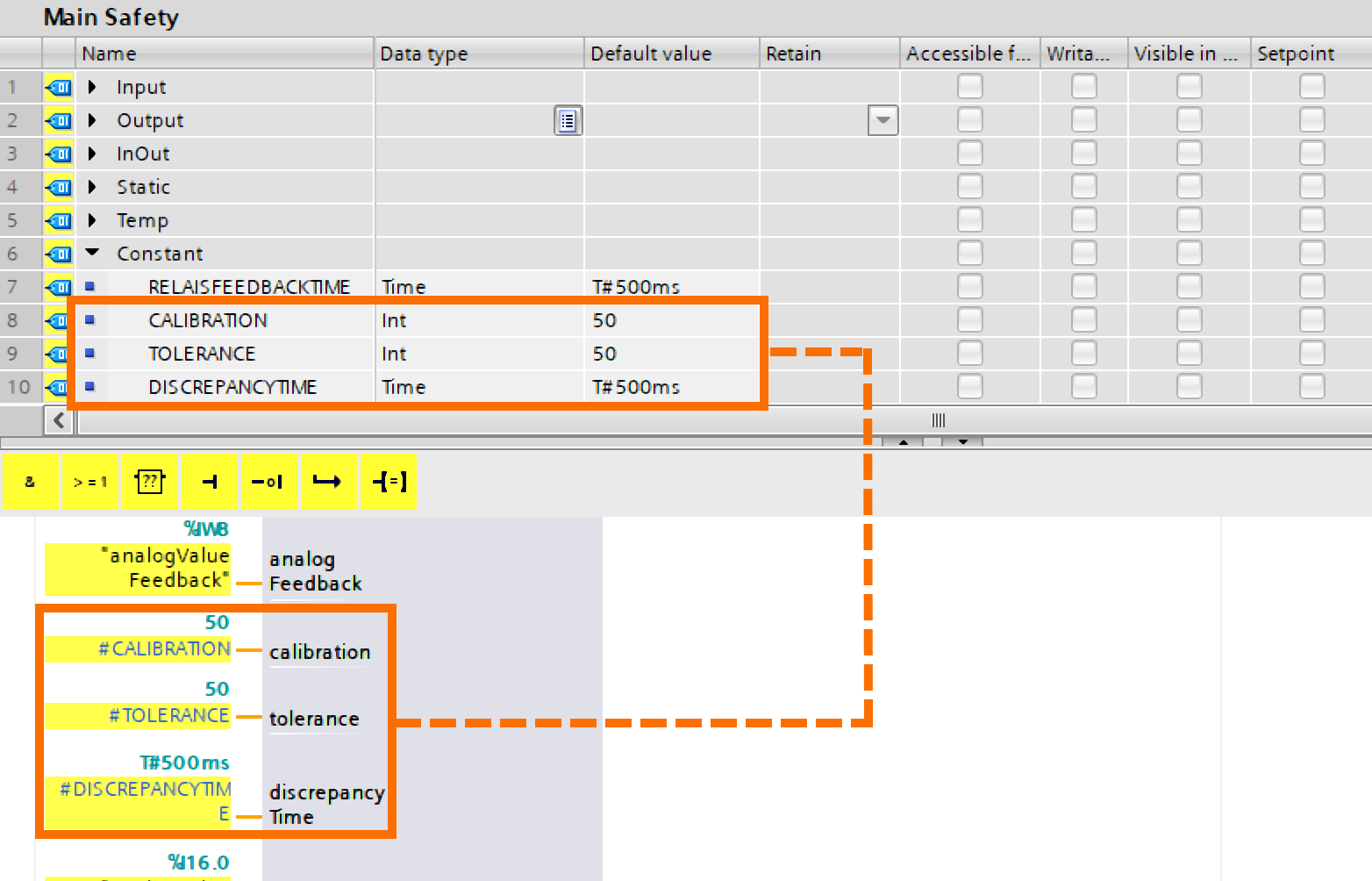 Figure 7.6 - Analog Fail-Safe Systems - Siemens TIA Portal | Assigning calibration, tolerance, and discrepancyTime inputs of the FAnalogOut block 