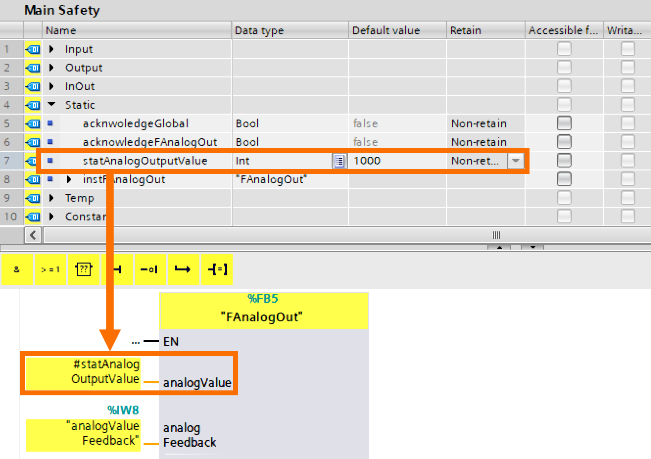 Figure 7.4 - Analog Fail-Safe Systems - Siemens TIA Portal | Assigning analogValue input of the FAnalogOut block 