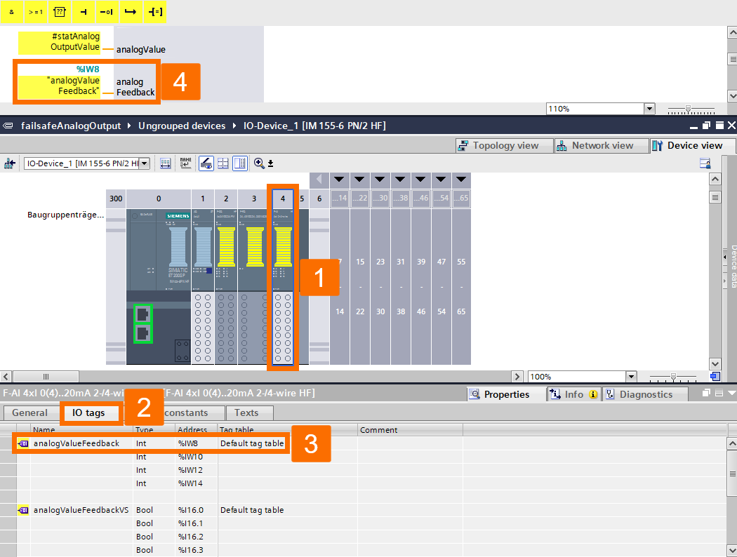 Figure 7.5 - Analog Fail-Safe Systems - Siemens TIA Portal | Assigning analogFeedback input of the FAnalogOut block 