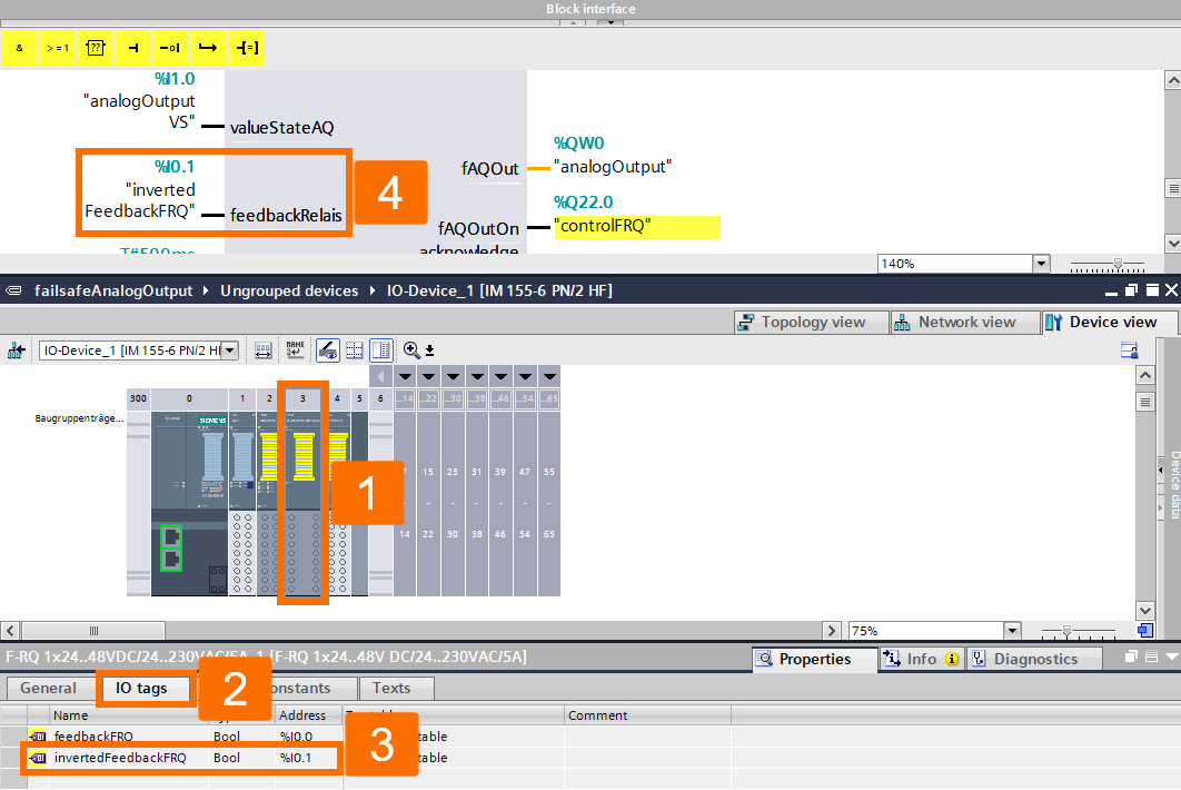 Figure 7.10 - Analog Fail-Safe Systems - Siemens TIA Portal | Assigning feedbackRelais input of the FAnalogOut block 