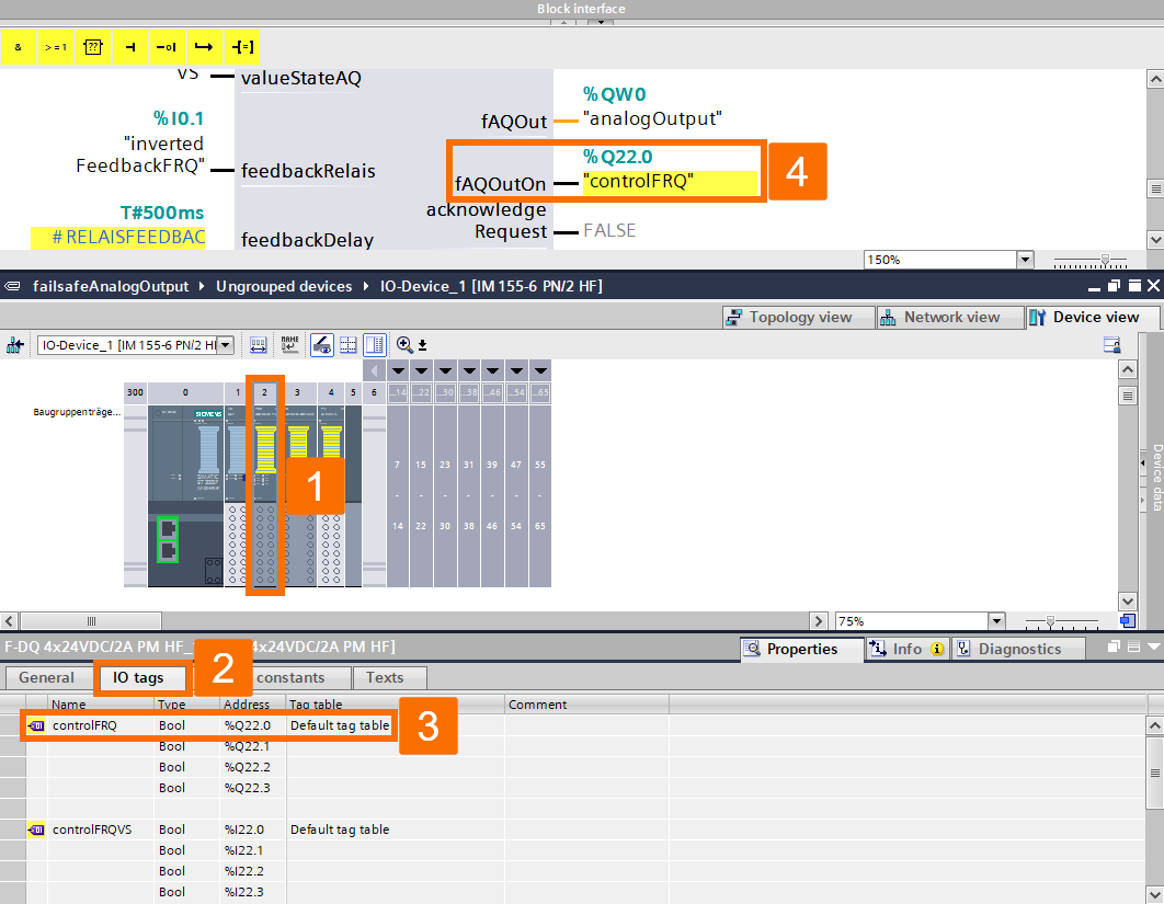 Figure 7.13 - Analog Fail-Safe Systems - Siemens TIA Portal | Assigning fAQOutOn output of the FAnalogOut block 