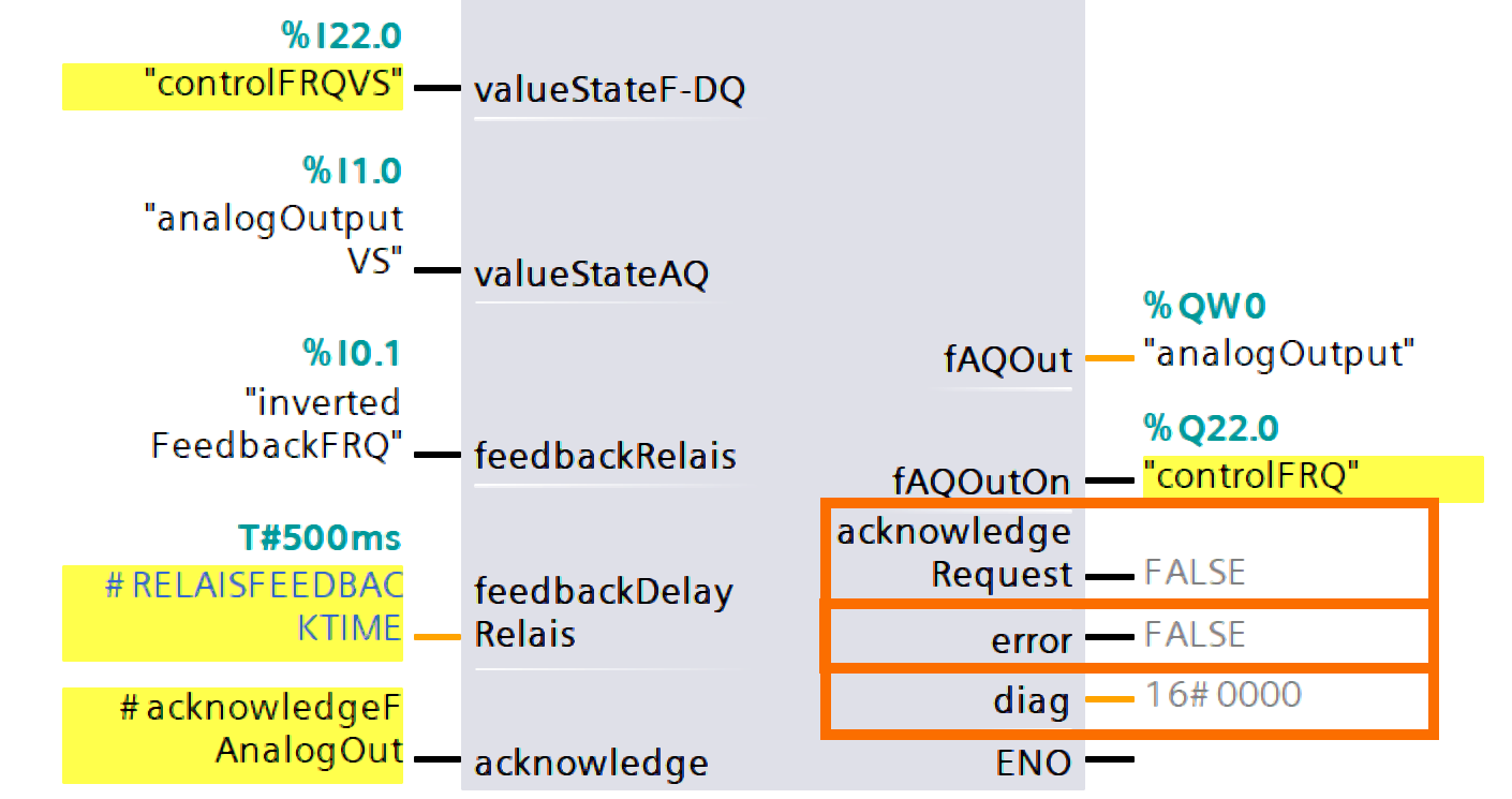 Figure 7.14 - Analog Fail-Safe Systems - Siemens TIA Portal | Assigning acknowledgeRequest, error, and diag outputs of the FAnalogOut block