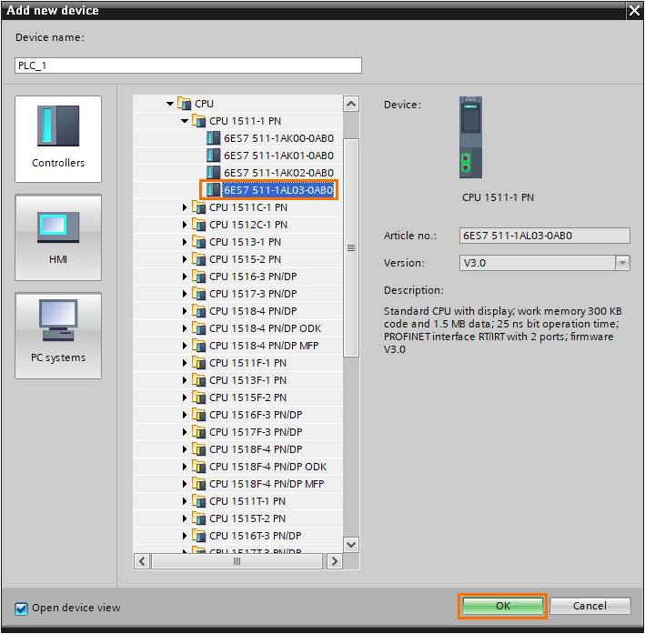 Figure 1.2 - PLCSIM Siemens TIA Portal V18 | Selecting a CPU