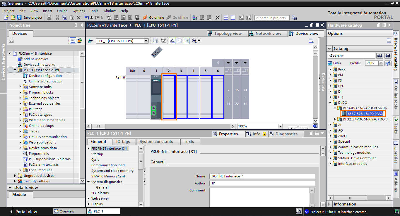 Figure 1.3 - PLCSIM Siemens TIA Portal V18 | Adding a DI/DQ module