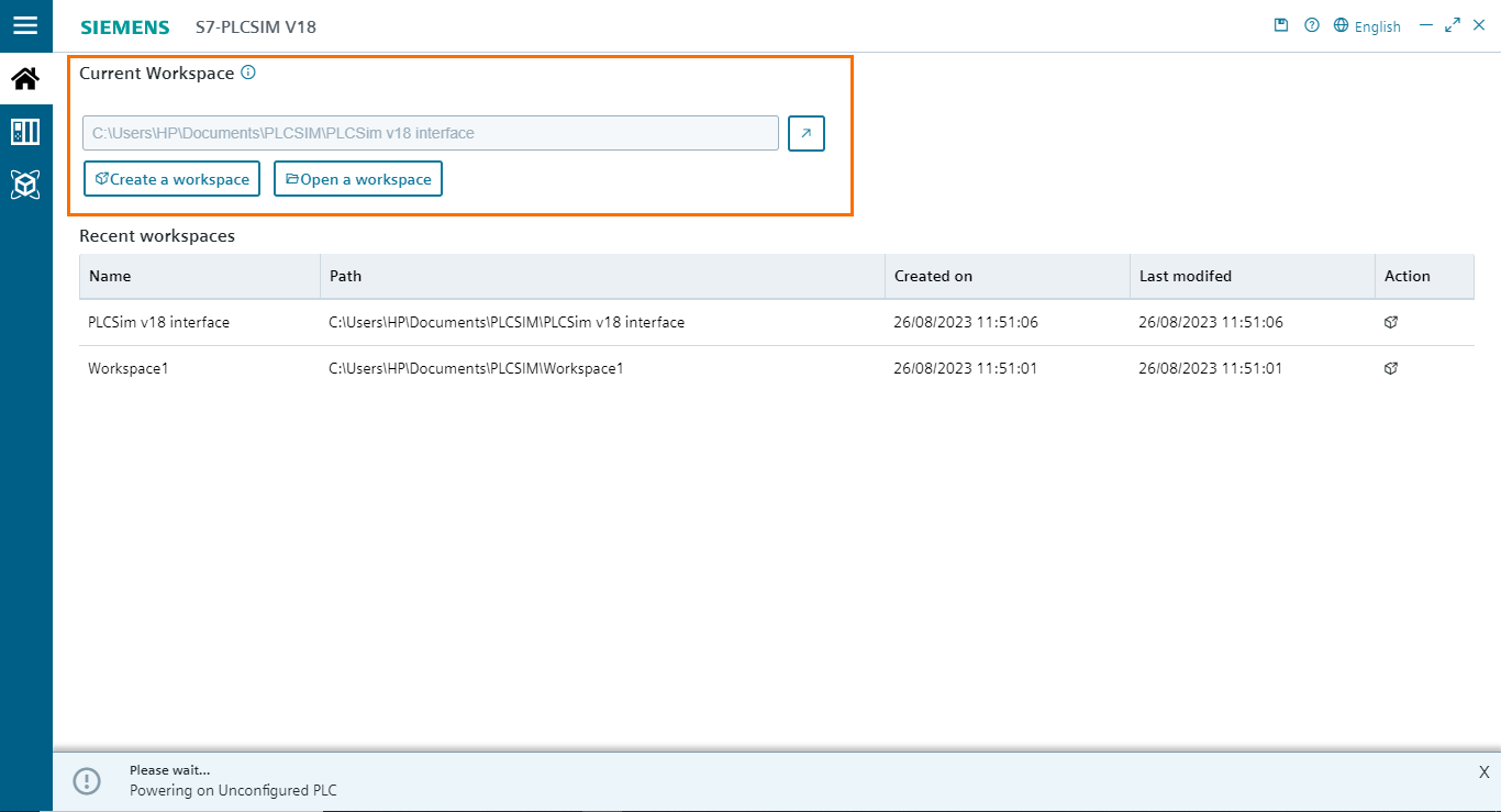 Figure 3.2 - PLCSIM Siemens TIA Portal V18 | Workspace new interface