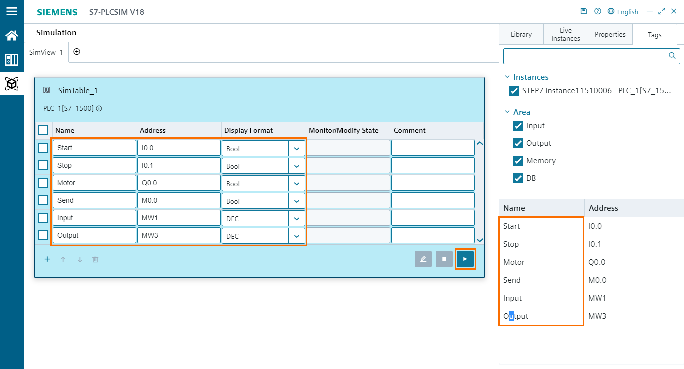 Figure 5.7 - PLCSIM Siemens TIA Portal V18 | Adding the tags to the SIM table