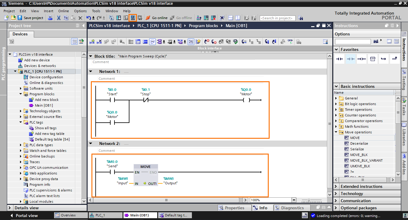 Figure 2.4 - PLCSIM Siemens TIA Portal V18 | Adding the tags to the program