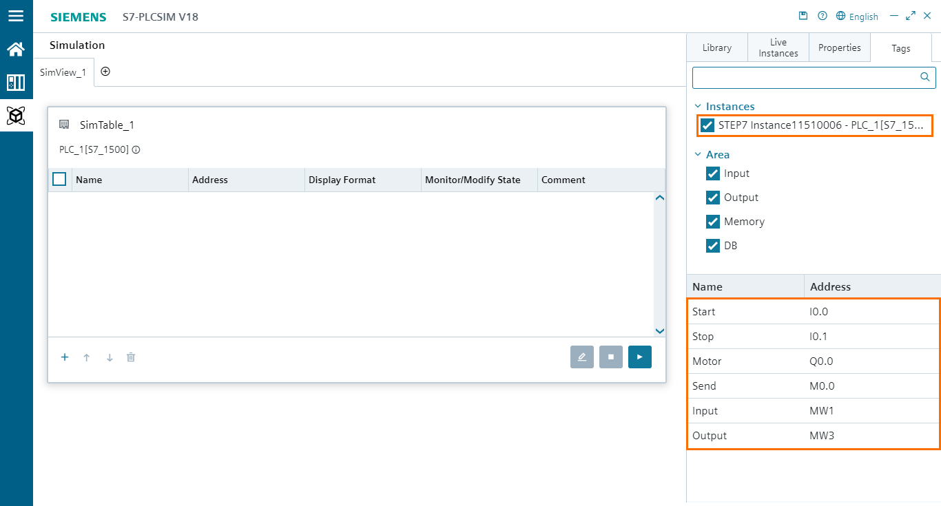 Figure 5.6 - PLCSIM Siemens TIA Portal V18 | Loading the tags