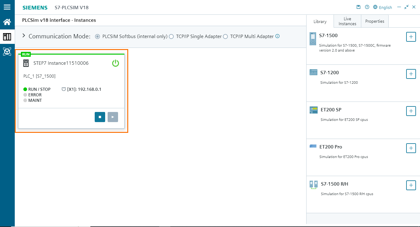 Figure 3.7 - PLCSIM Siemens TIA Portal V18 | The PLC instance is running