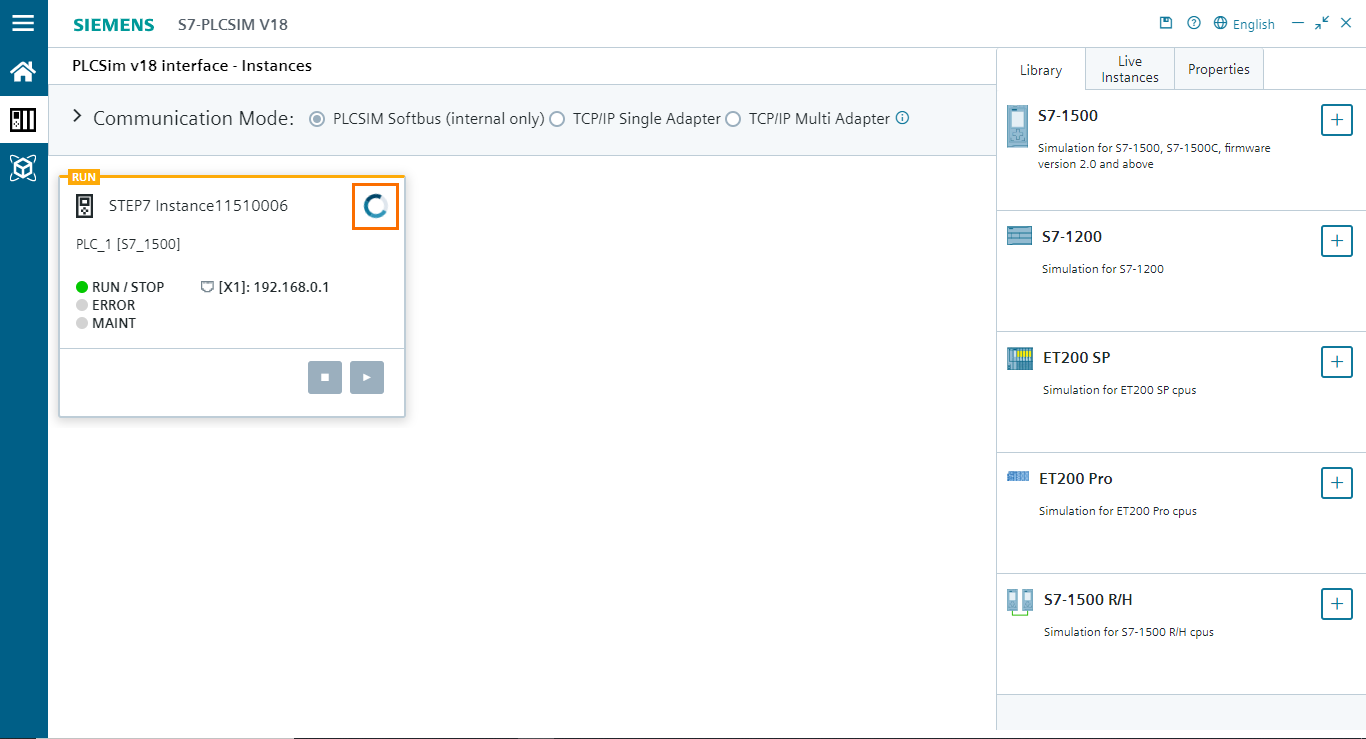 Figure 3.6 - PLCSIM Siemens TIA Portal V18 | The PLC instance is loading