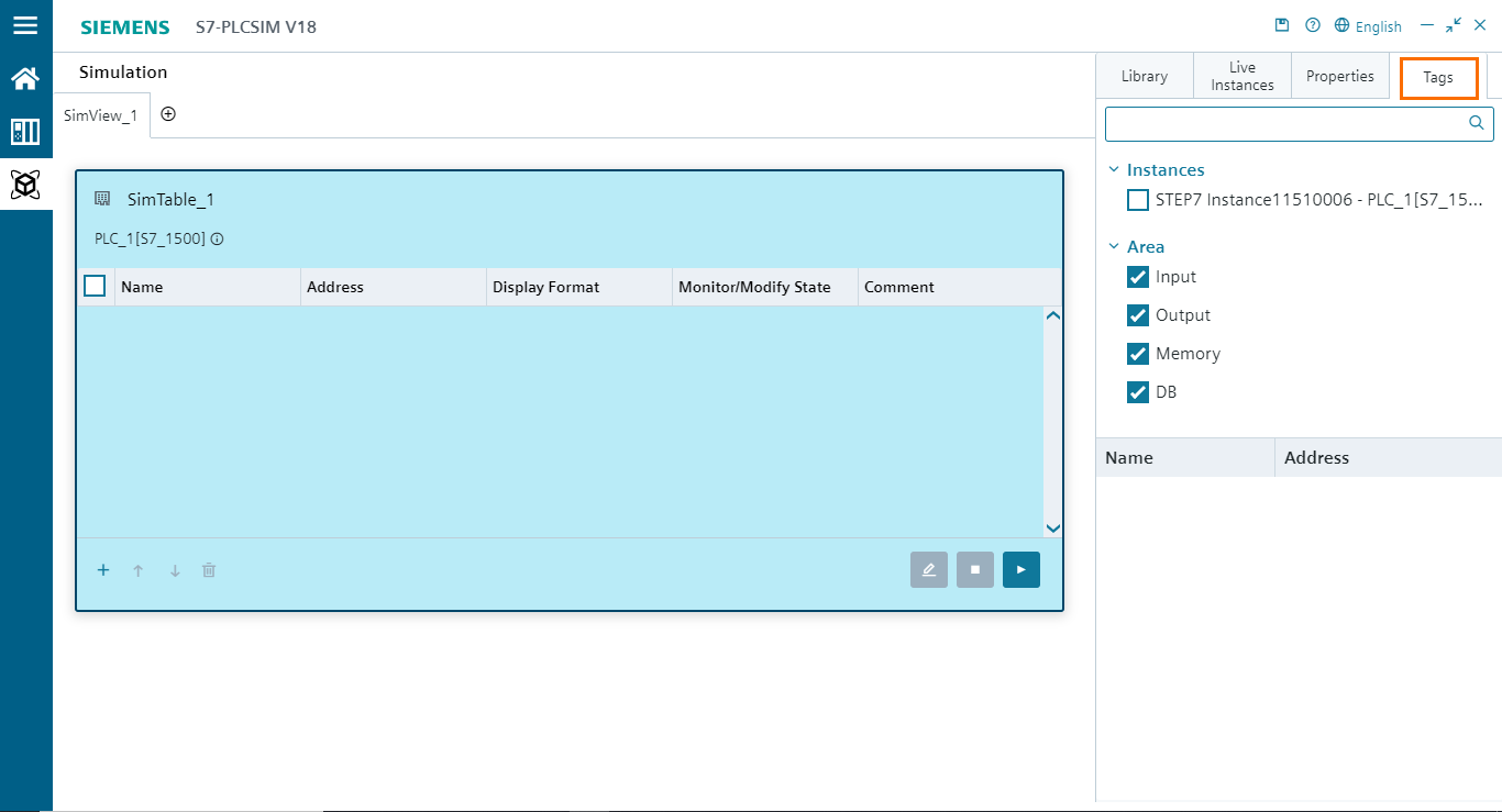 Figure 5.5 - PLCSIM Siemens TIA Portal V18 | Tags tab