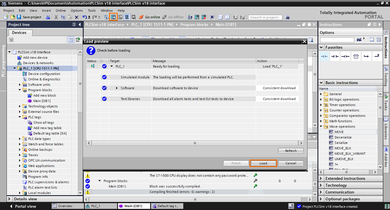 Figure 3.4 - PLCSIM Siemens TIA Portal V18 | Loading the program