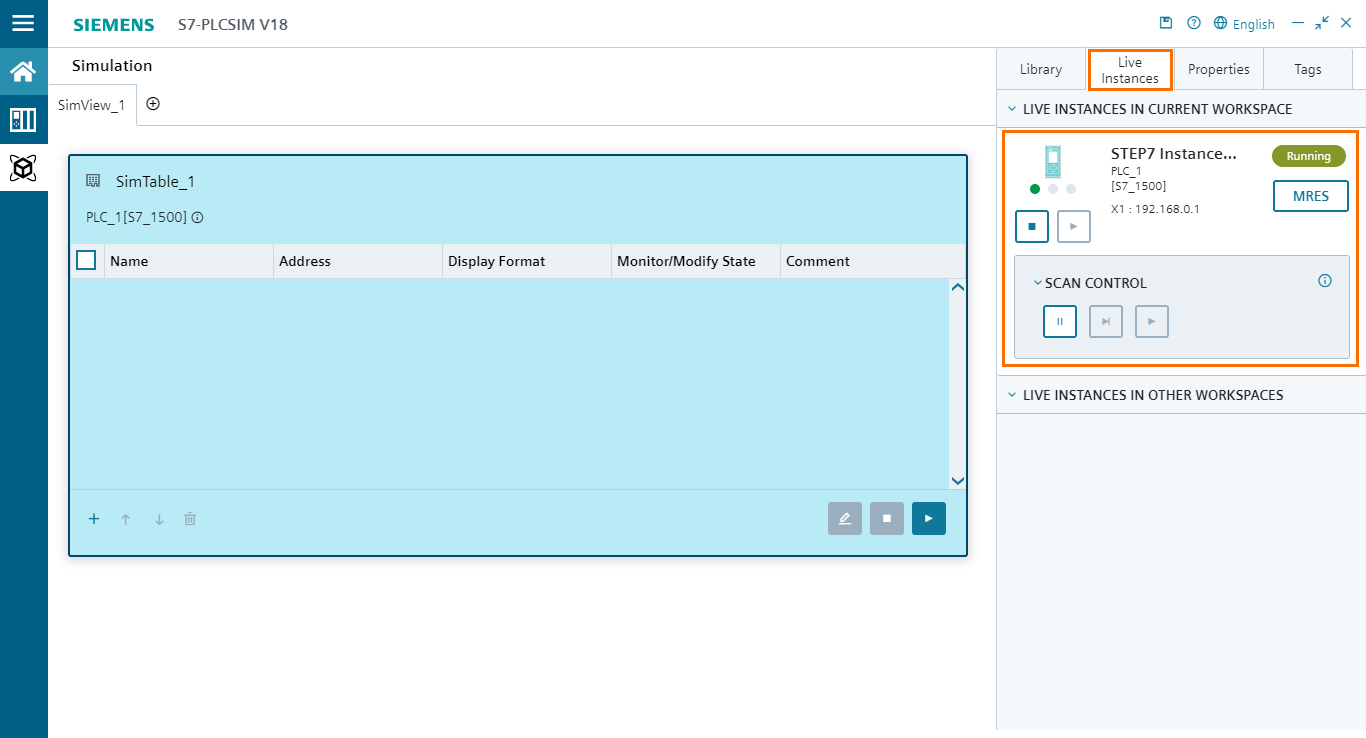 Figure 5.3 - PLCSIM Siemens TIA Portal V18 | Live instances tab