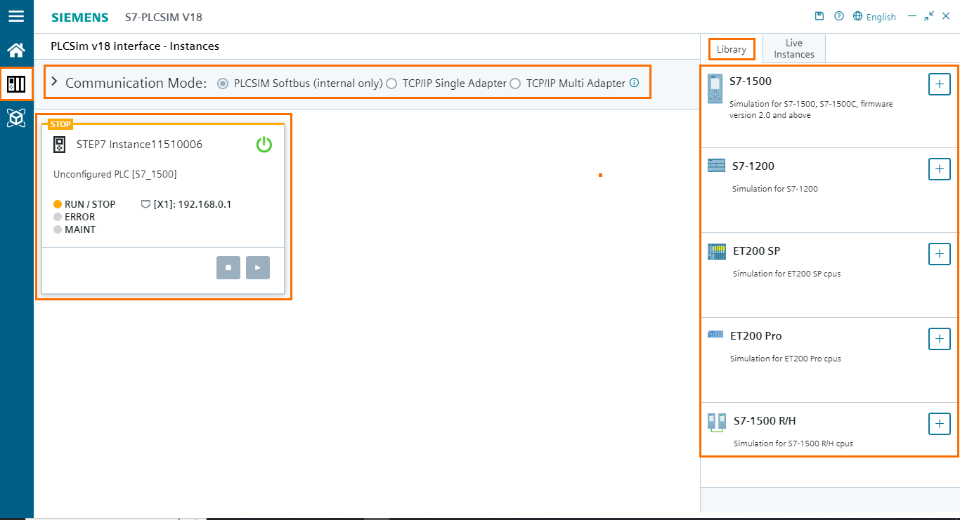 Figure 3.3 - PLCSIM Siemens TIA Portal V18 | PLC instances new interface