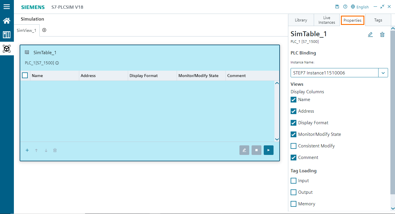 Figure 5.4 - PLCSIM Siemens TIA Portal V18 | SIM table properties