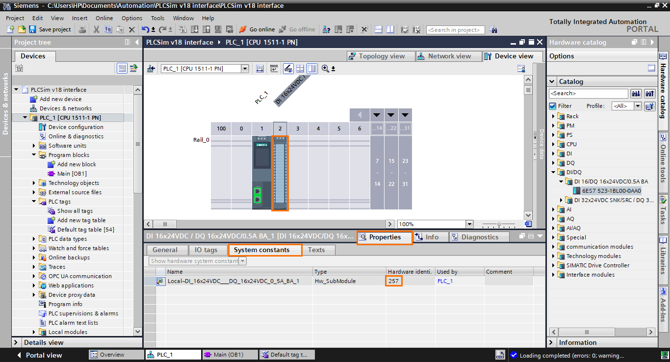 Figure 6.5 - PLCSIM Siemens TIA Portal V18 | DI/DQ module hardware address