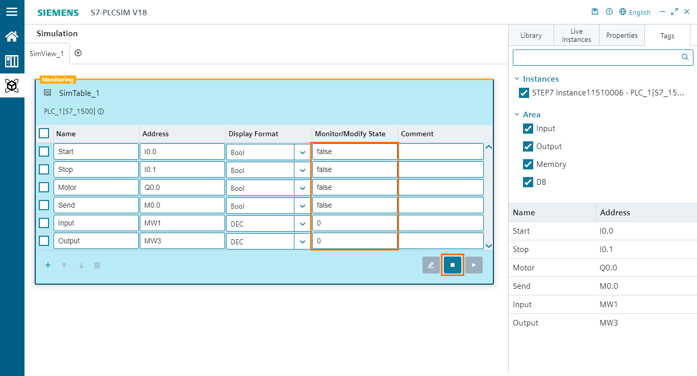 Figure 5.8 - PLCSIM Siemens TIA Portal V18 | SIM table monitoring