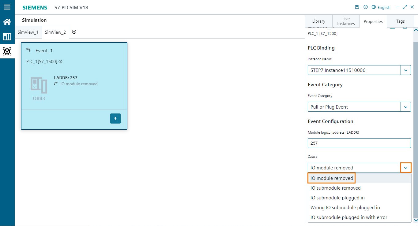 Figure 6.7 - PLCSIM Siemens TIA Portal V18 | Selecting the event cause