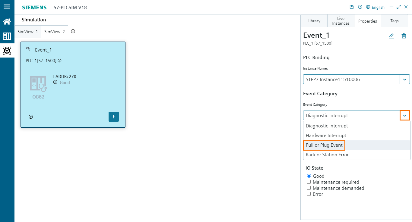 Figure 6.4 - PLCSIM Siemens TIA Portal V18 | Selecting the event category