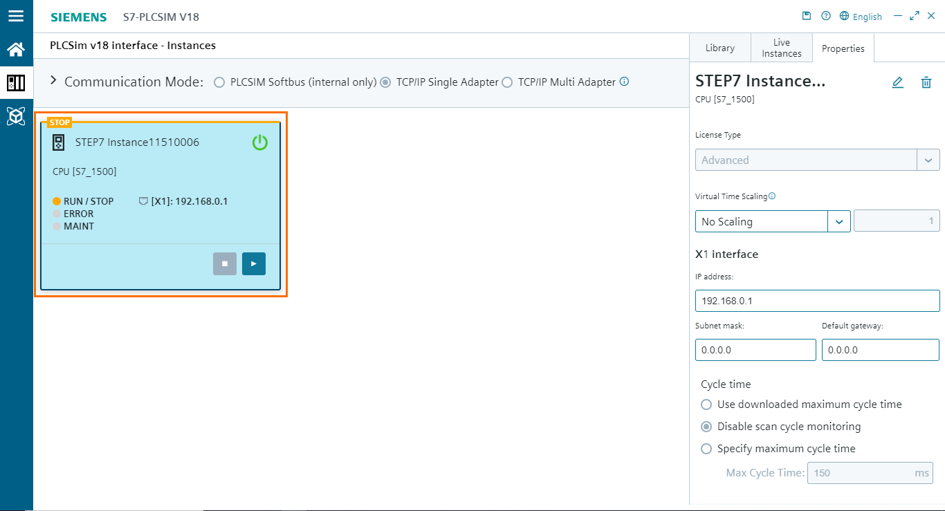 Figure 4.5 - PLCSIM Siemens TIA Portal V18 | The instance turned into a PLCSIM Advanced instance