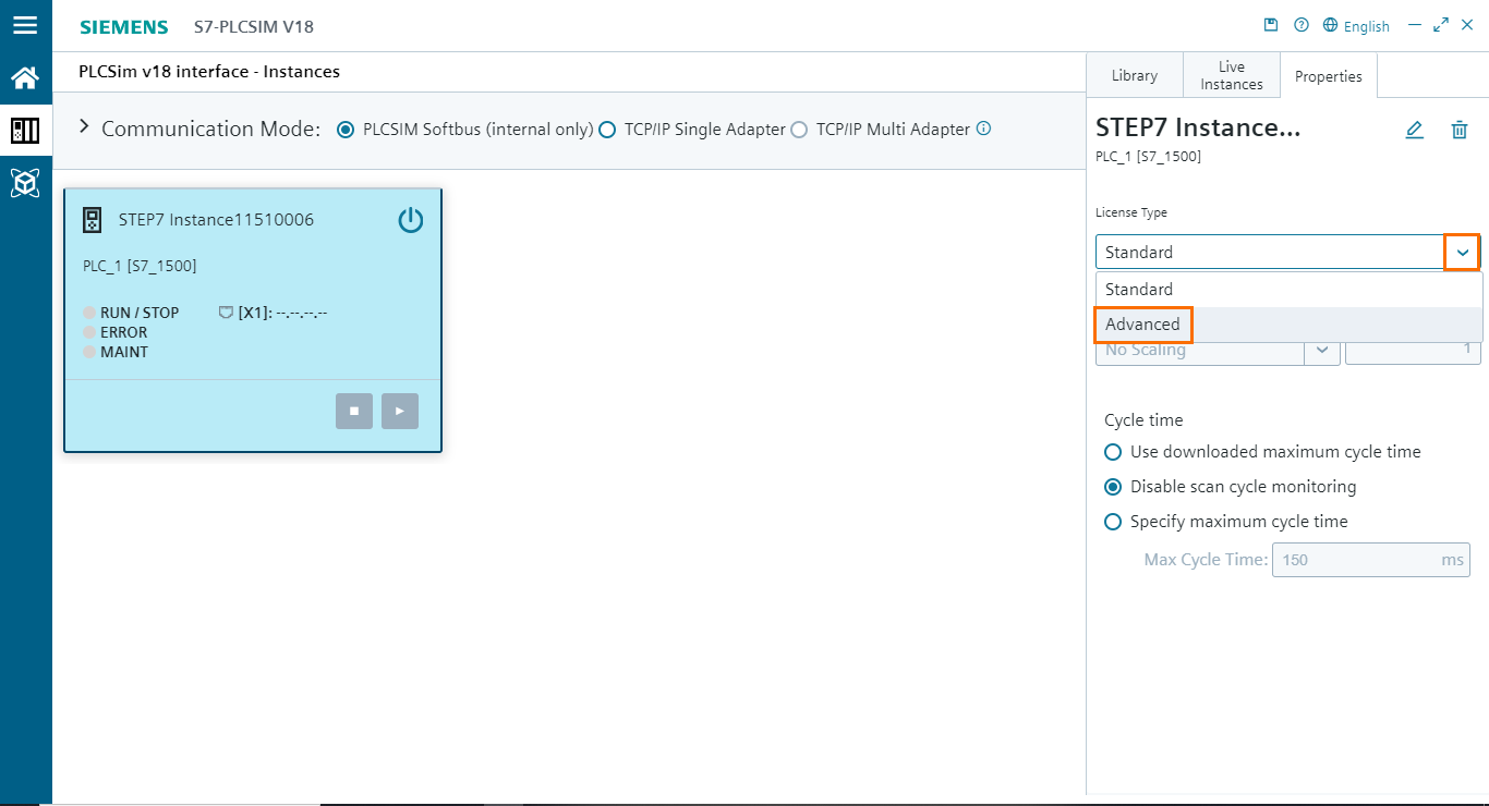 Figure 4.3 - PLCSIM Siemens TIA Portal V18 | Selecting the Advanced license