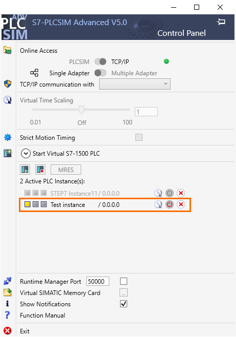 Figure 4.7 - PLCSIM Siemens TIA Portal V18 | Creating an instance in PLCSIM Advanced