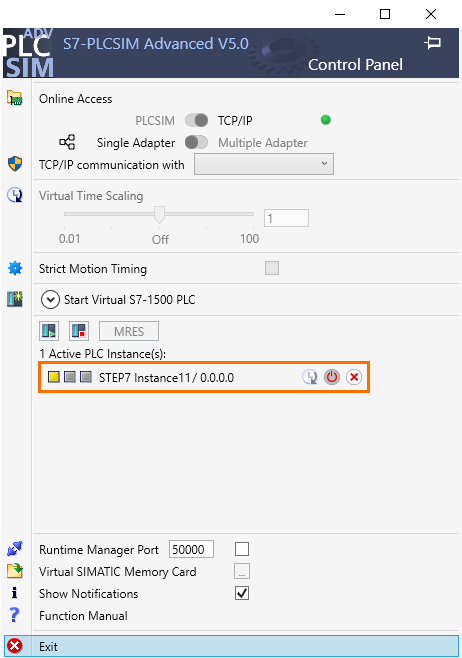 Figure 4.6 - PLCSIM Siemens TIA Portal V18 | The instance appears in PLCSIM Advanced