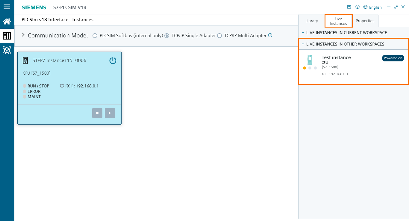 Figure 4.8 - PLCSIM Siemens TIA Portal V18 | Live instances tab