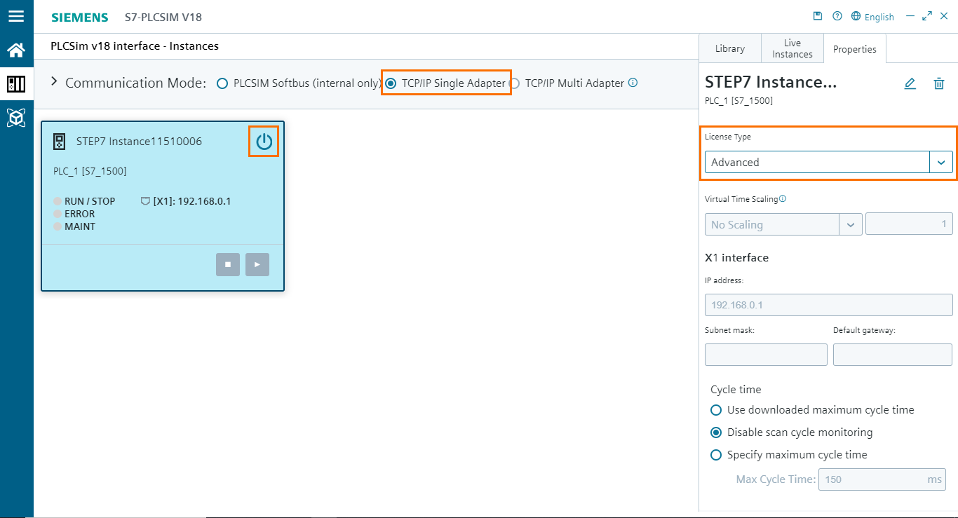 Figure 4.4 - PLCSIM Siemens TIA Portal V18 | Enabling the TCP/IP communication