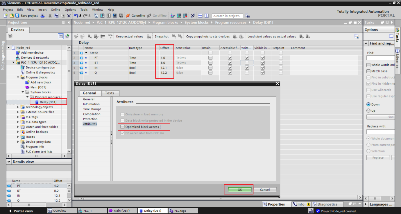 Figure 4.4 - Siemens TIA Portal PLC Node-Red Dashboard | Disabling block optimization of the Timer DB