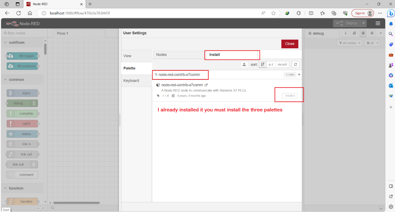 Figure 6.2 - Siemens TIA Portal PLC Node-Red Dashboard | Installing Node-RED Palettes