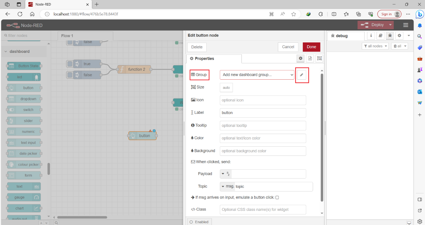 Figure 10.4 - Siemens TIA Portal PLC Node-Red Dashboard | Dashboard button node setting 