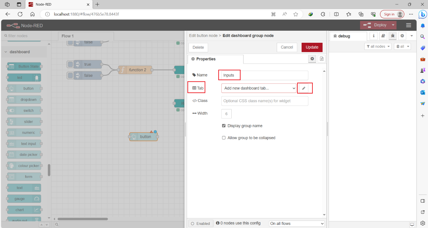 Figure 10.5 - Siemens TIA Portal PLC Node-Red Dashboard | Dashboard button node setting