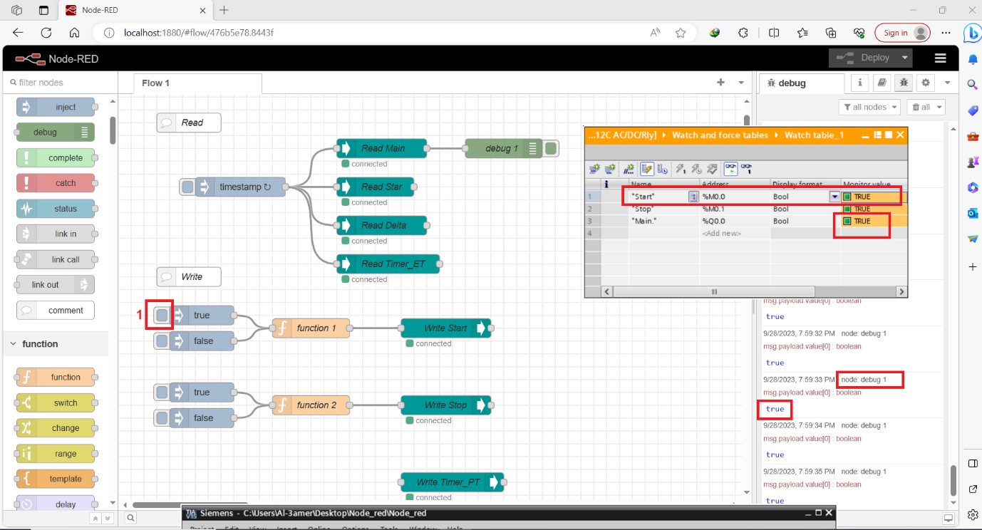 Figure 9.9 - Siemens TIA Portal PLC Node-Red Dashboard | Send True to Start Tag