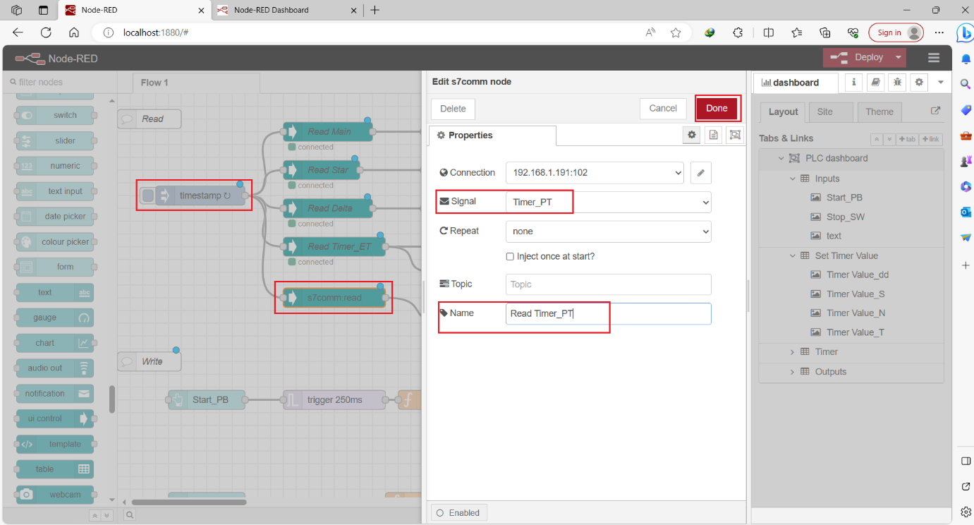 Figure 12.12 - Siemens TIA Portal PLC Node-Red Dashboard | Dashboard Read Timer PT