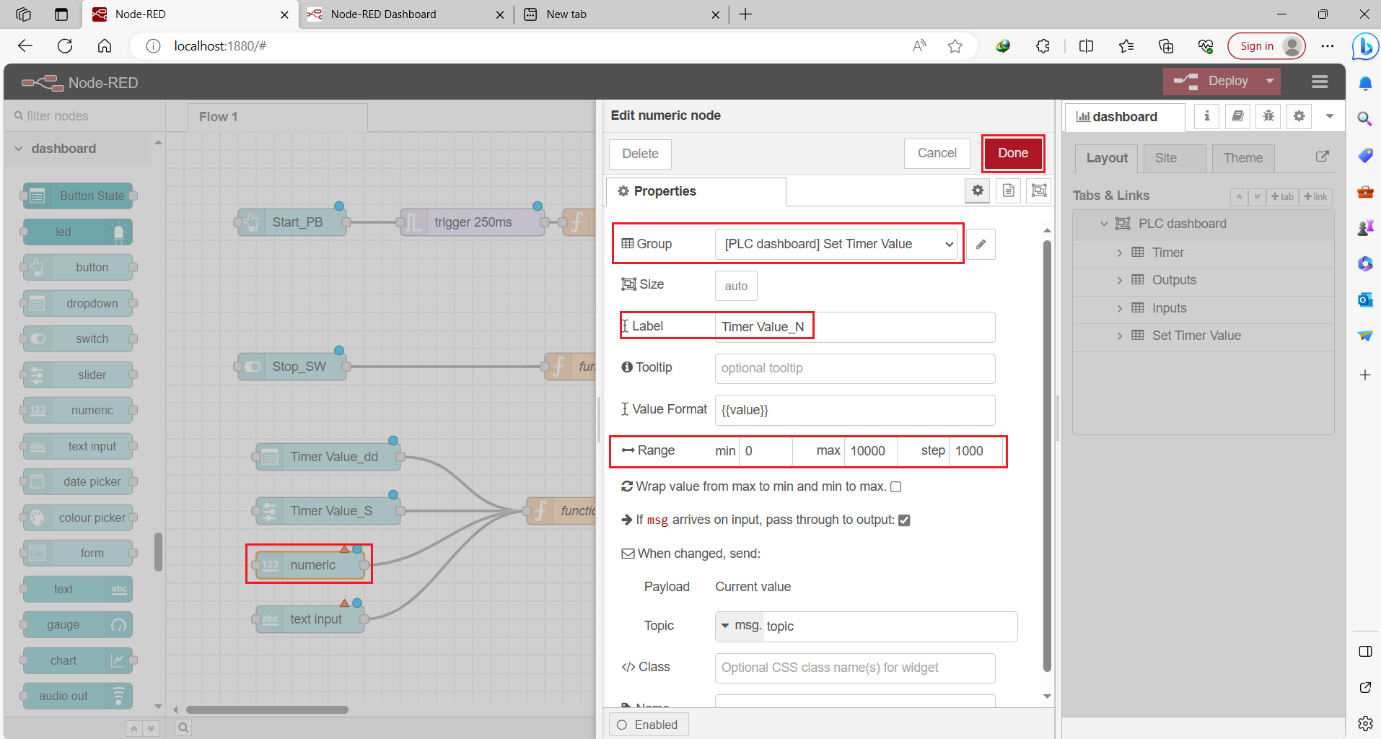 Figure 12.9 - Siemens TIA Portal PLC Node-Red Dashboard | Dashboard numeric Node