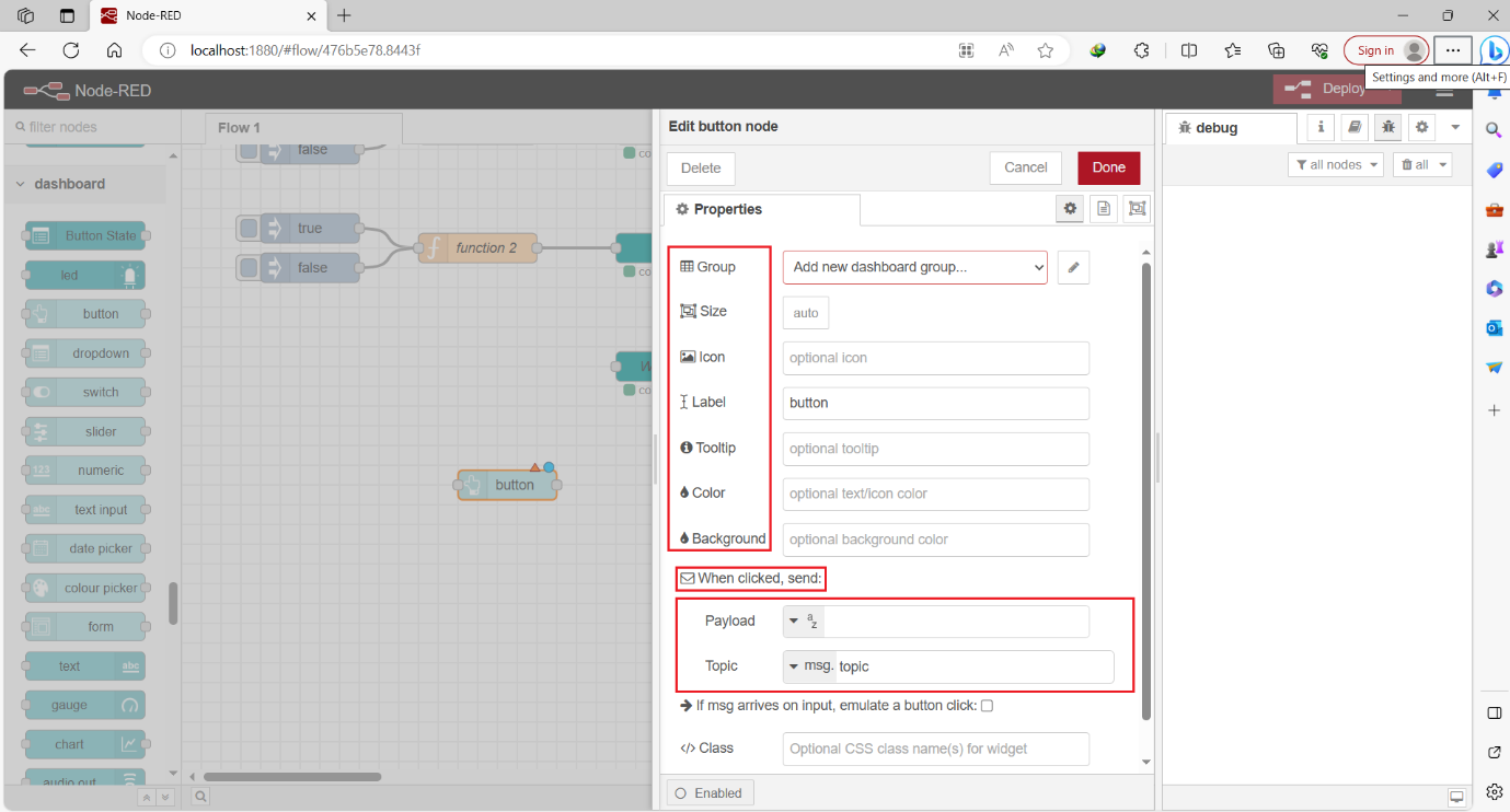 Figure 10.3 - Siemens TIA Portal PLC Node-Red Dashboard | Dashboard button node setting 