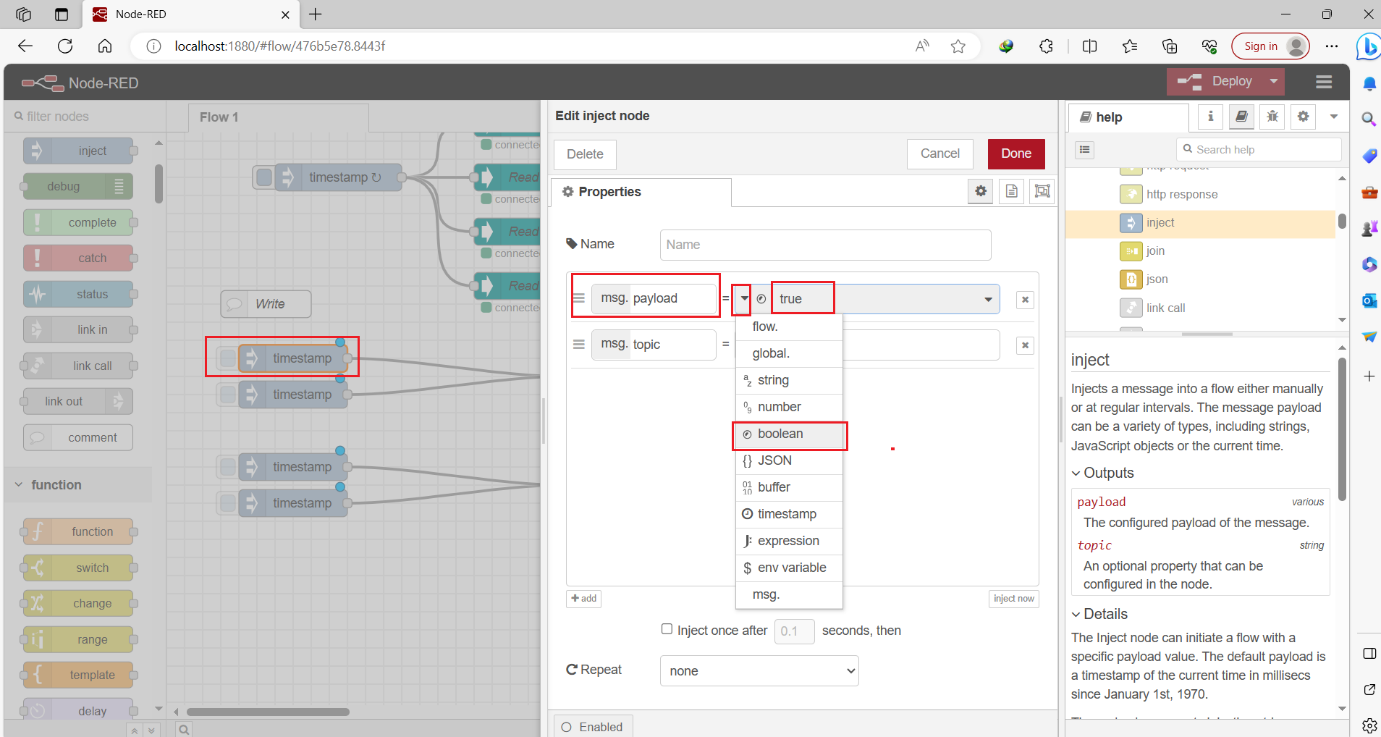 Figure 9.2 - Siemens TIA Portal PLC Node-Red Dashboard | First inject node configuration