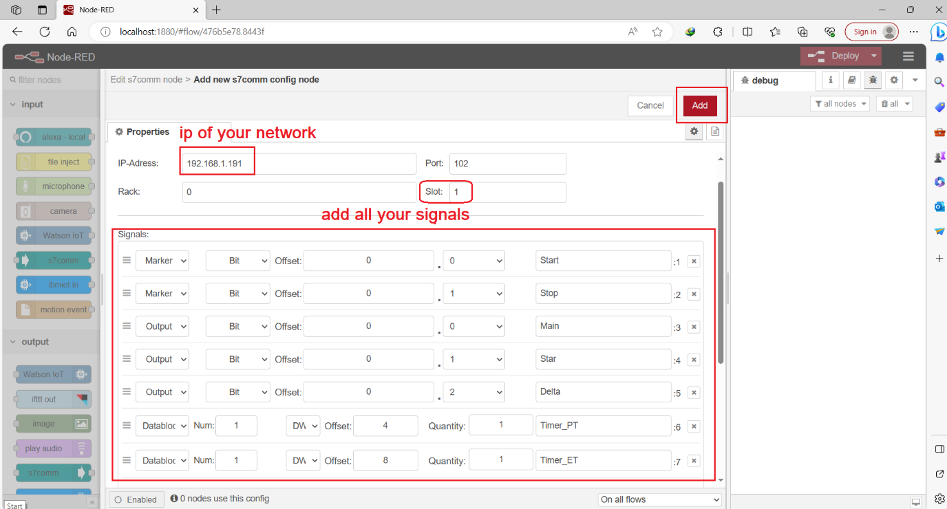 Figure 7.3 - Siemens TIA Portal PLC Node-Red Dashboard | S7comm Nodes configurations